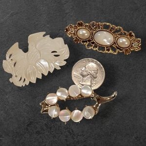 Vintage MOP Mother of Pearl pins Brooch lot of 3 Carved MCM & Victorian Revival